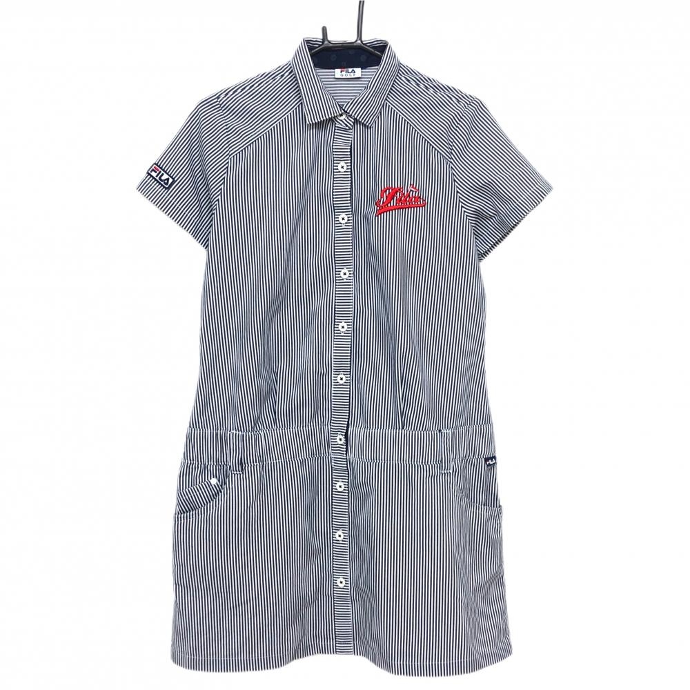 【美品】フィラゴルフ 半袖ポロワンピース 白×ネイビー ストライプ ロゴレッド レディース  ゴルフウェア FILA GOLF