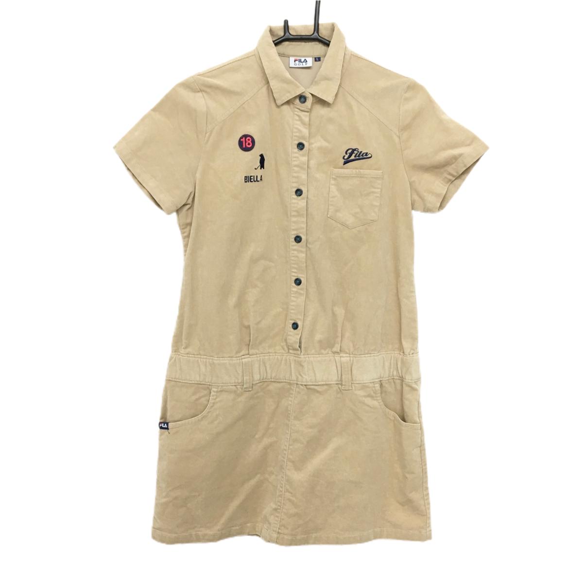 【美品】フィラゴルフ 半袖ポロワンピース ベージュ コーデュロイ 刺しゅう レディース L ゴルフウェア FILA GOLF