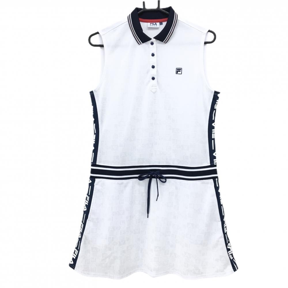【超美品】フィラゴルフ ノースリーブポロワンピース 白×ネイビー 英字地模様 スナップボタン  レディース L ゴルフウェア FILA GOLF