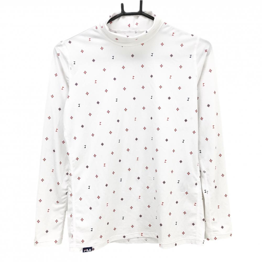 【超美品】フィラゴルフ ハイネックインナーシャツ 白×レッド 総柄 フラッグ レディース L ゴルフウェア FILA GOLF