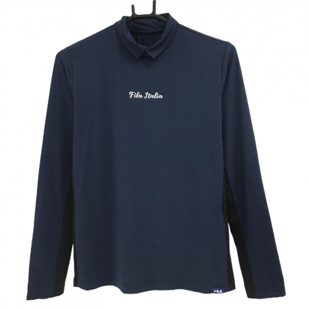 【超美品】フィラゴルフ ハイネックインナーシャツ ネイビー×黒 サイド切替 ロゴ白 レディース L ゴルフウェア FILA GOLF