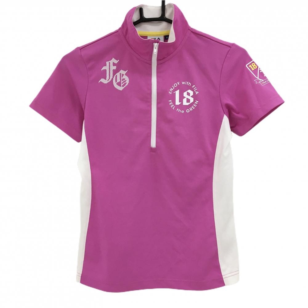 【美品】フィラゴルフ 半袖ハイネックシャツ ピンク×白 ハーフジップ ロゴプリント レディース M ゴルフウェア FILA GOLF