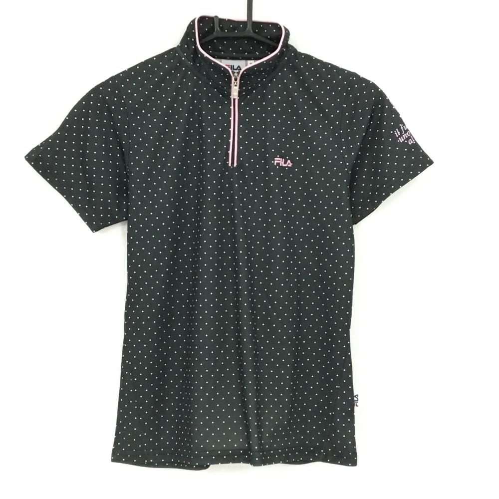 【超美品】フィラ 半袖ハイネックシャツ 黒×白 ドット パイピングライン ハーフジップ ロゴ刺しゅう レディース M ゴルフウェア FILA GOLF