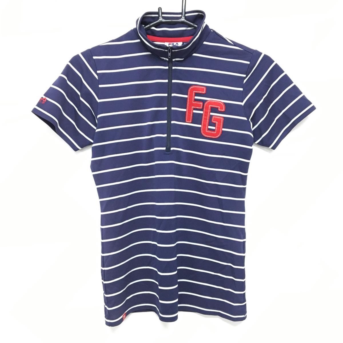 【超美品】フィラゴルフ 半袖ハイネックシャツ ネイビー×白 ボーダー ハーフジップ レディース M ゴルフウェア FILA GOLF
