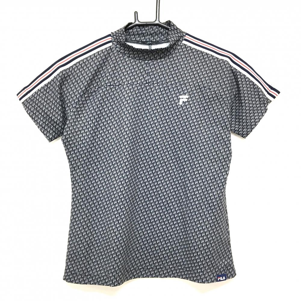 【超美品】フィラゴルフ 半袖ハイネックシャツ 黒×グレー系 ロゴ総柄 胸ロゴ刺しゅう レディース M ゴルフウェア FILA GOLF