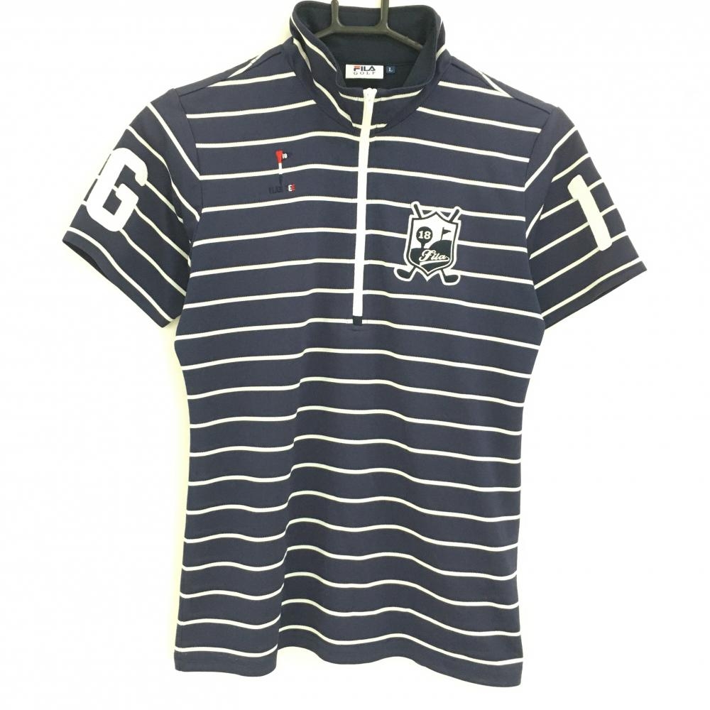 フィラゴルフ 半袖ハイネックシャツ ネイビー×白 ボーダー ハーフジップ  レディース L ゴルフウェア FILA GOLF