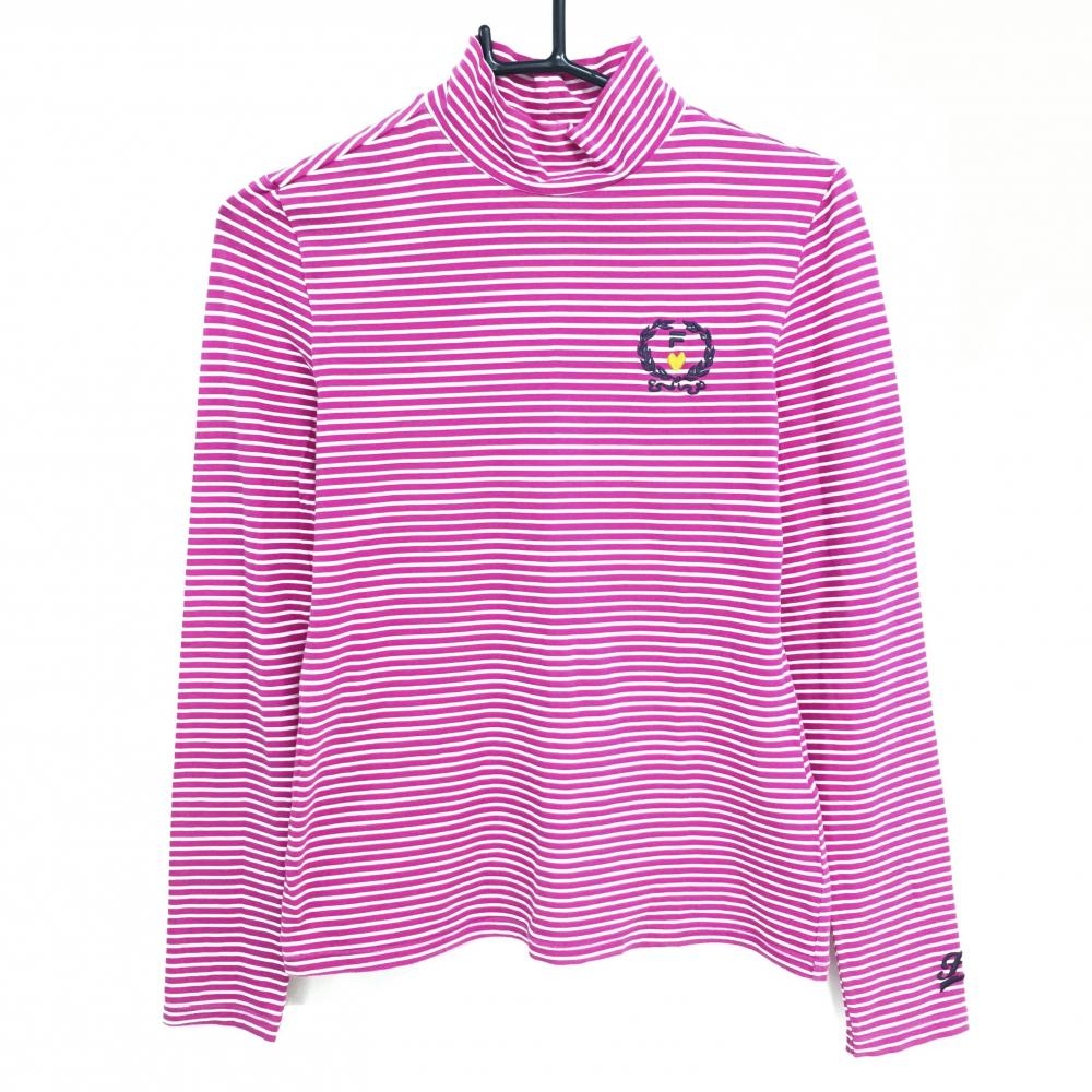 【美品】フィラゴルフ 長袖ハイネックシャツ ピンク×白 ボーダー コットン混 レディース L ゴルフウェア FILA GOLF 画像