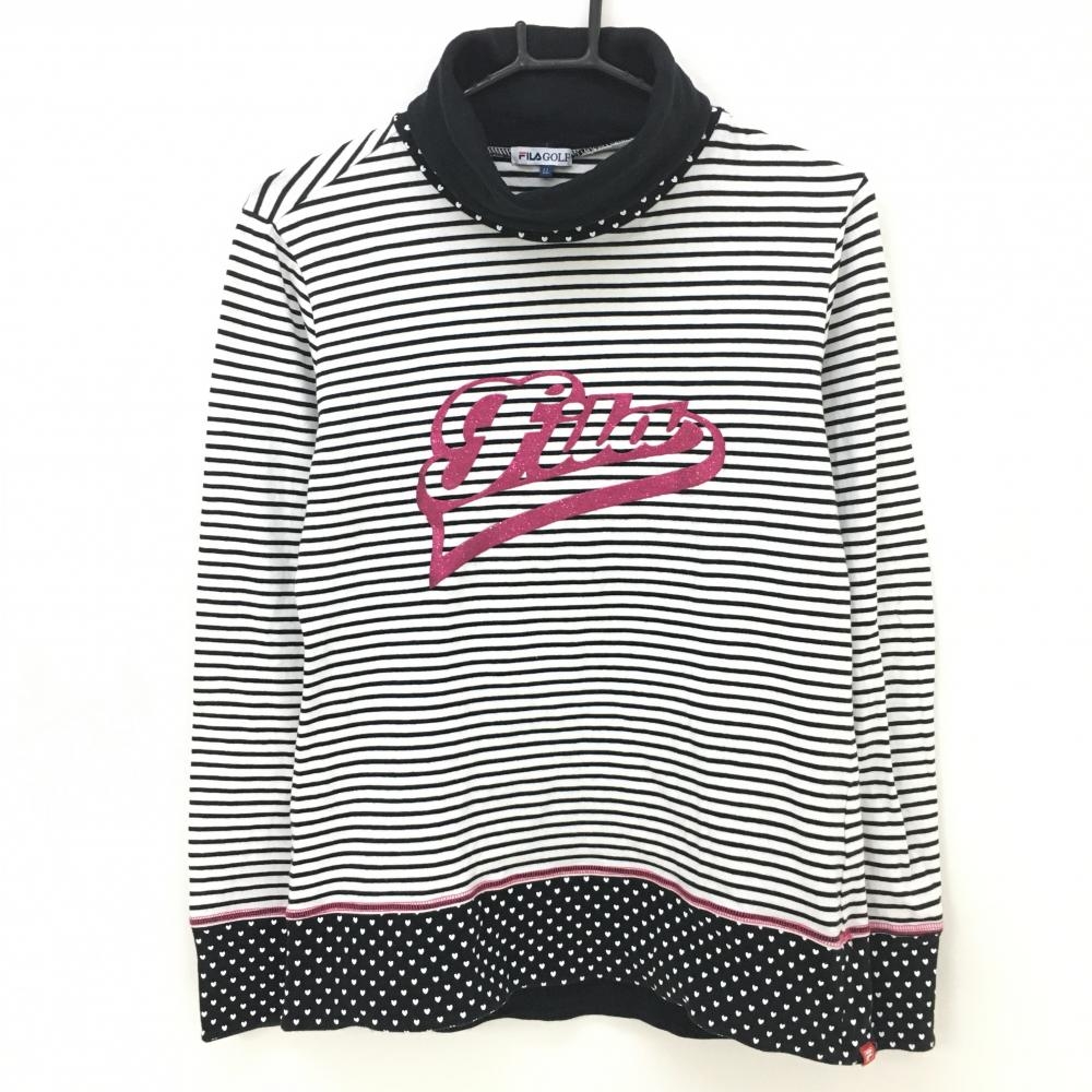 フィラゴルフ 長袖ハイネックシャツ 白×黒 ボーダー ラメ入りロゴ ハート レディース LL ゴルフウェア FILA GOLF