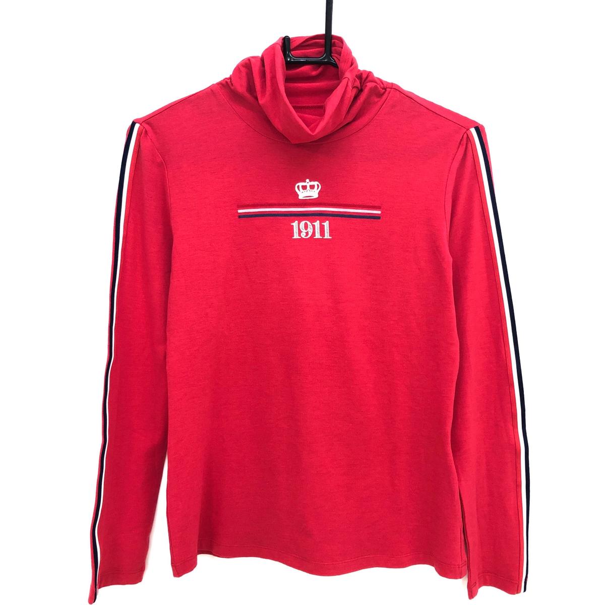 【超美品】フィラゴルフ 長袖ハイネックシャツ レッド×ネイビー 袖ライン ネックギャザー  レディース M ゴルフウェア FILA GOLF