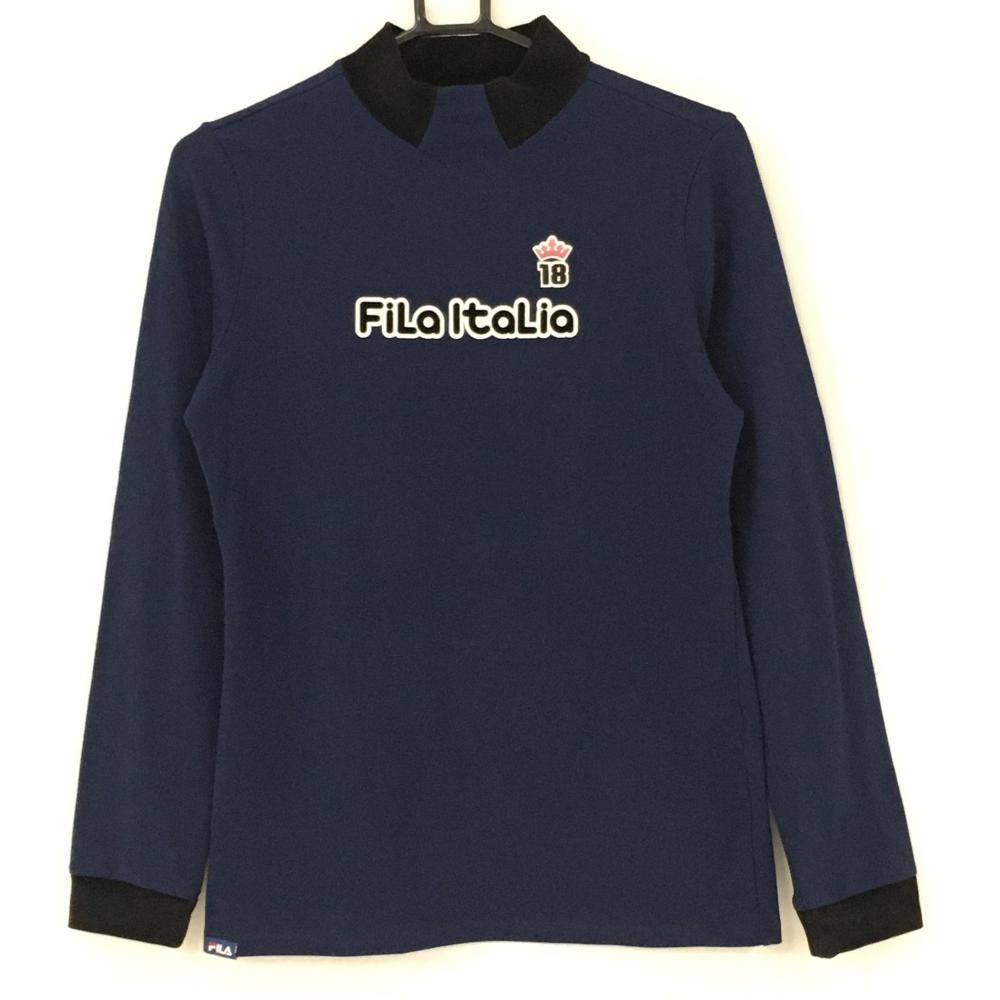 【超美品】フィラゴルフ 長袖ハイネックシャツ ネイビー×黒 ネック・袖口ベロア レディース L ゴルフウェア FILA GOLF