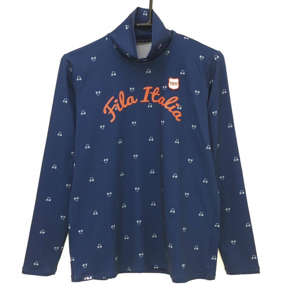 【美品】フィラゴルフ 長袖ハイネックシャツ ネイビー×レッド ゴルフカート柄 ロゴプリント レディース L ゴルフウェア FILA GOLF
