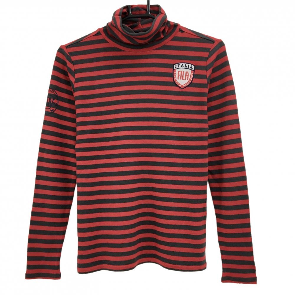 【超美品】フィラゴルフ 長袖ハイネックシャツ レッド×グレー ボーダー 表微起毛 ロゴ刺しゅう レディース M ゴルフウェア FILA GOLF