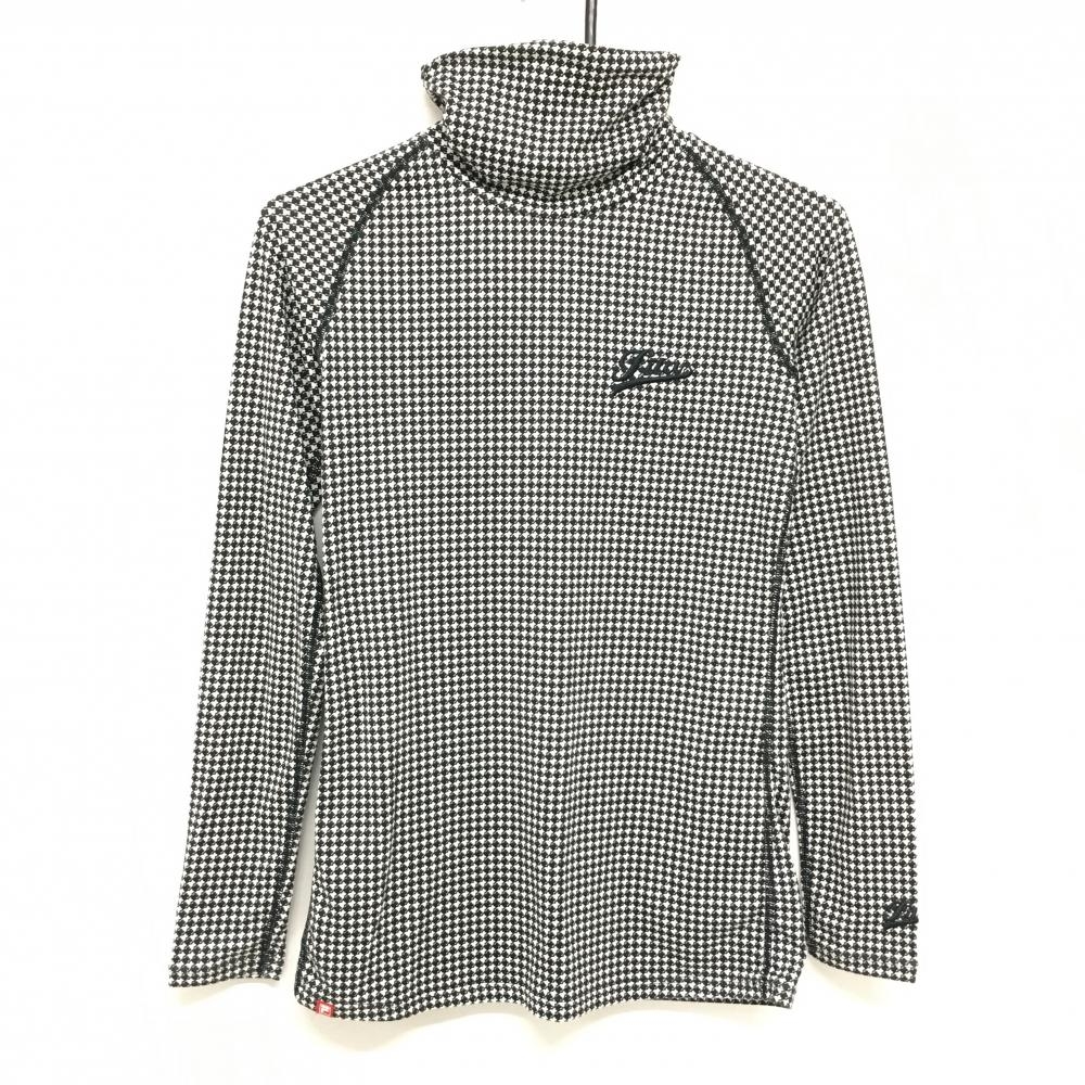 【美品】フィラゴルフ 長袖ハイネックシャツ 黒×白 総柄 ロゴ刺しゅう ストレッチ レディース M ゴルフウェア FILA GOLF