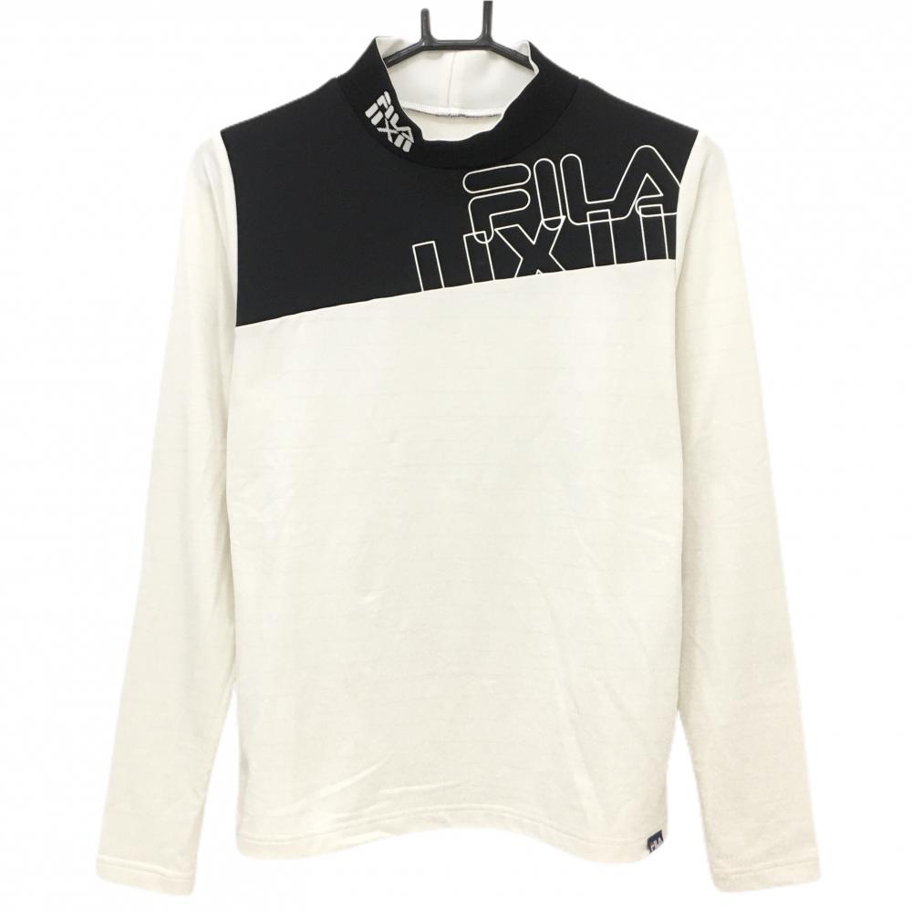 【美品】フィラゴルフ 長袖ハイネックシャツ アイボリー×黒 ネックロゴ 裏微起毛  レディース L ゴルフウェア FILA GOLF