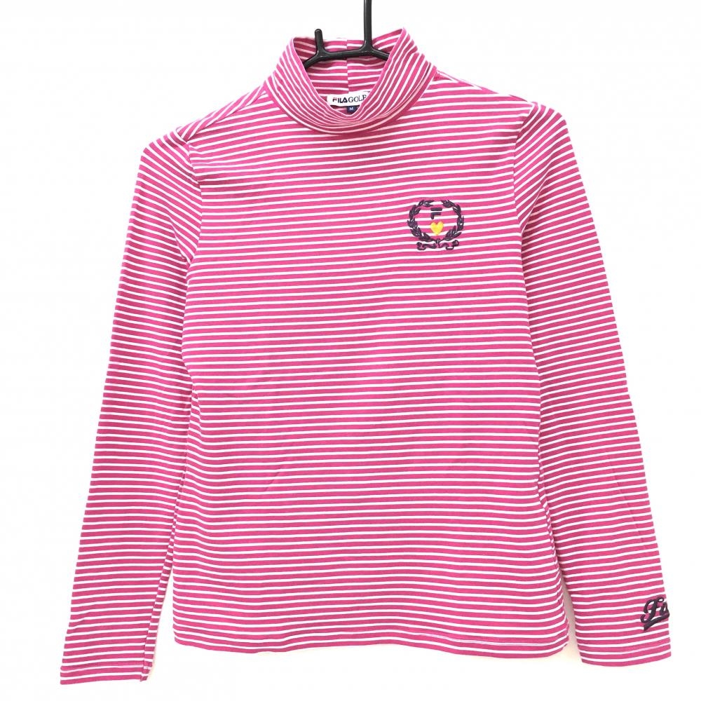 【美品】フィラゴルフ 長袖ハイネックシャツ ピンク×白 ボーダー 胸元刺しゅう  レディース M ゴルフウェア FILA GOLF