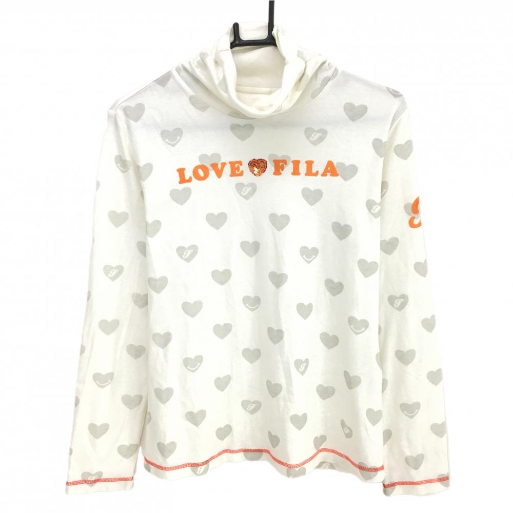 【超美品】フィラゴルフ 長袖ハイネックシャツ 白×グレー ハート総柄 ロゴ スパンコール  レディース  ゴルフウェア FILA GOLF