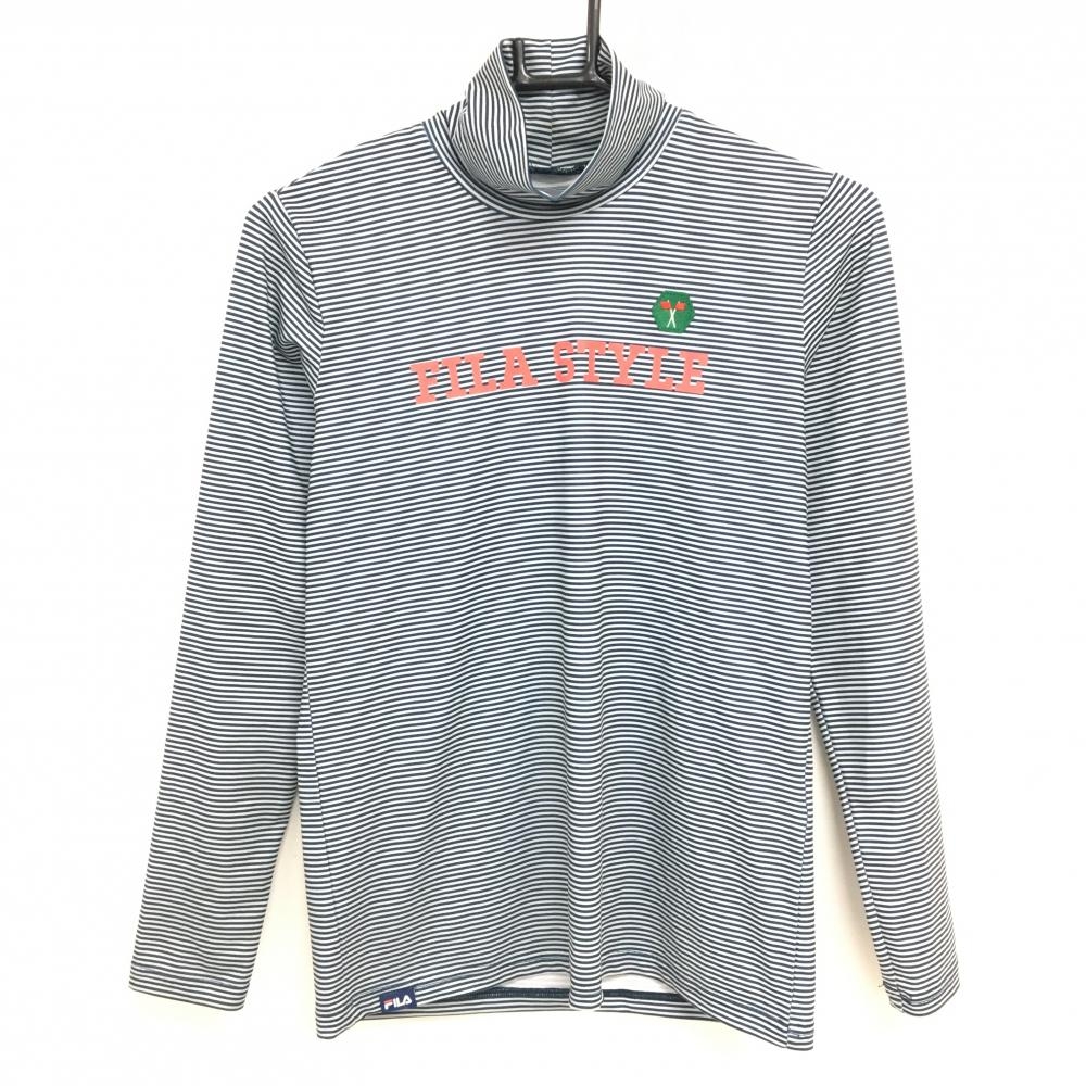【美品】フィラゴルフ 長袖タートルネックシャツ ネイビー×グレー 細ボーダー ストレッチ レディース M ゴルフウェア FILA GOLF