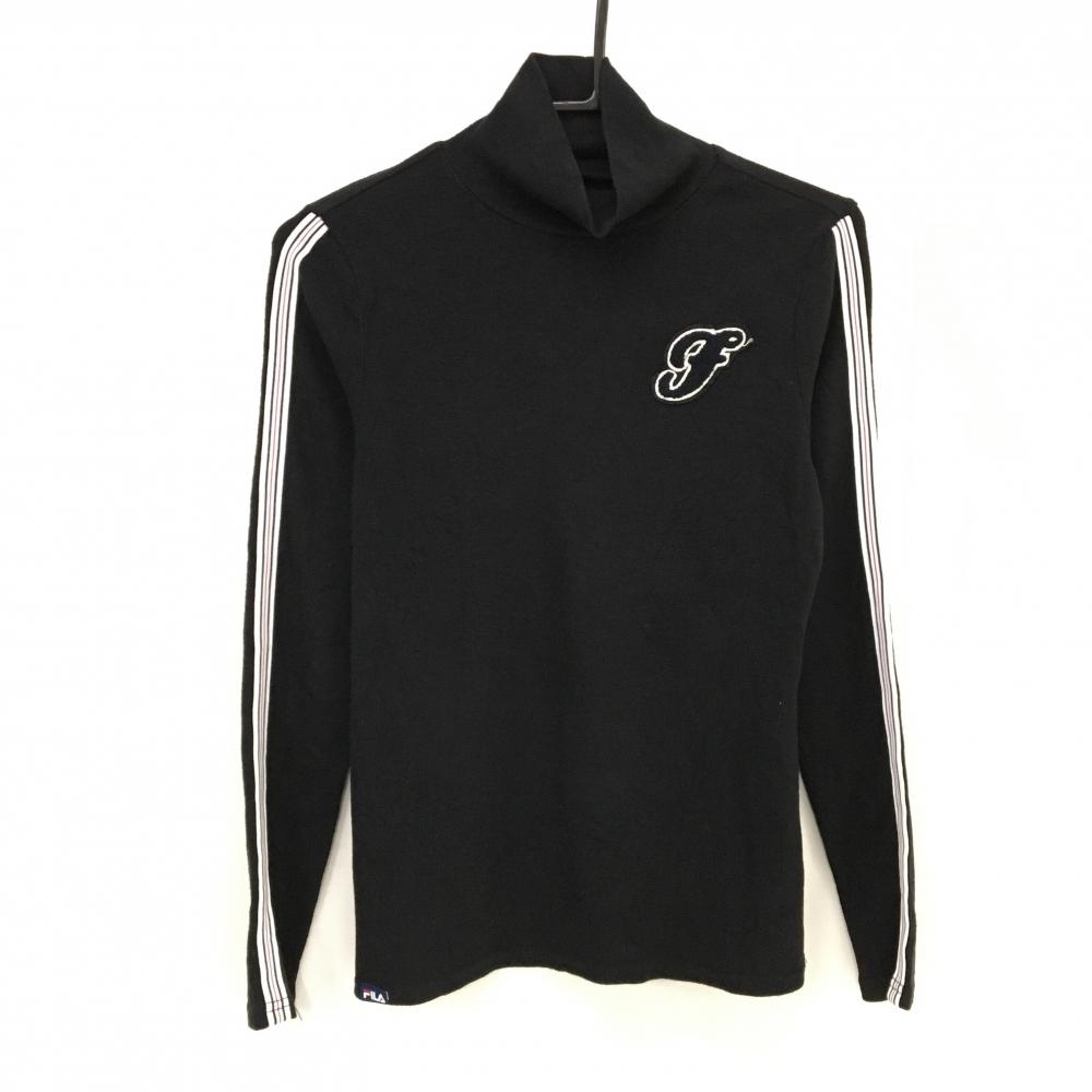 フィラゴルフ 長袖ハイネックシャツ 黒×白 袖ライン ワッペン 微起毛 レディース M ゴルフウェア FILA GOLF