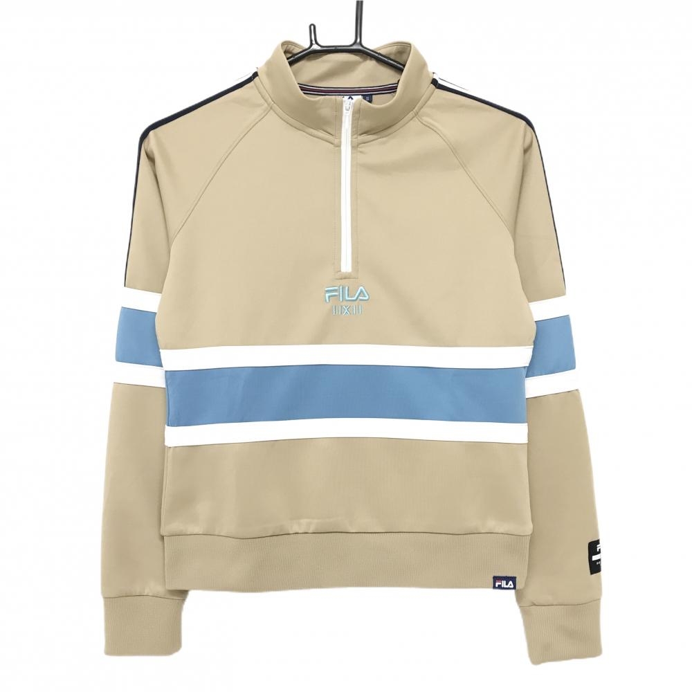 【超美品】フィラゴルフ 長袖ハイネックシャツ ベージュ×白 ×ライトブルー ハーフジップ  レディース S ゴルフウェア FILA GOLF