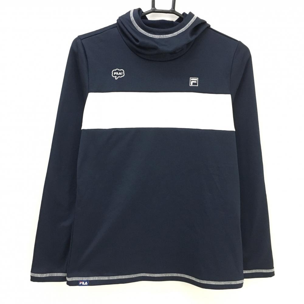 【超美品】フィラゴルフ フード付き長袖ハイネックシャツ ネイビー×白 裏起毛 ロゴ刺しゅう レディース L ゴルフウェア FILA GOLF