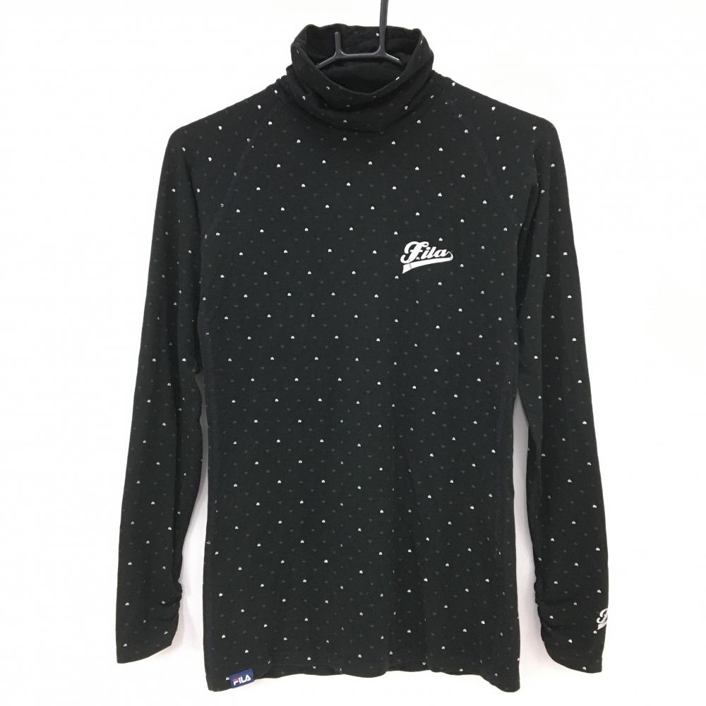 【美品】フィラゴルフ 長袖ハイネックシャツ 黒×グレー ハート総柄 レディース M ゴルフウェア FILA GOLF