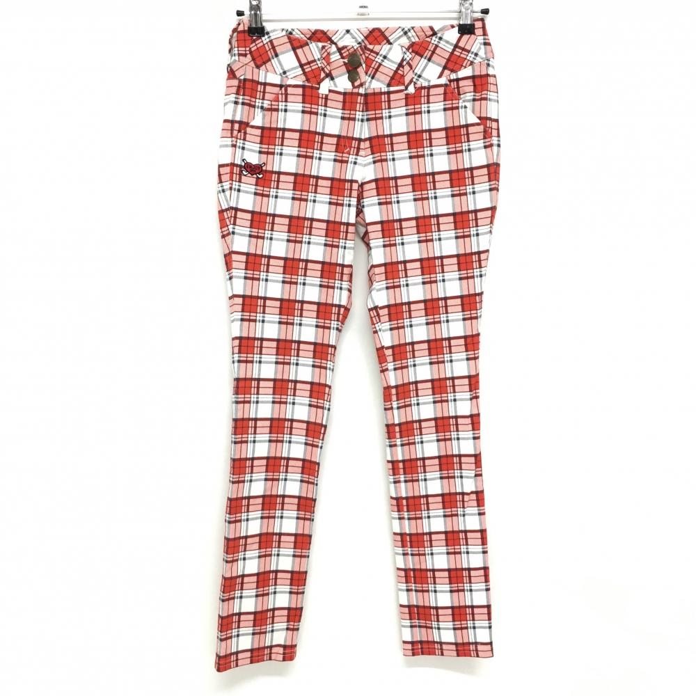 【美品】フィラゴルフ パンツ 白×レッド チェック柄 バックロゴ刺しゅう レディース S ゴルフウェア FILA GOLF