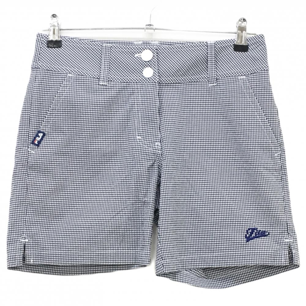 【超美品】フィラゴルフ ハーフパンツ ネイビー×白 ギンガムチェック サッカー生地 ロゴ刺しゅう レディース M ゴルフウェア FILA GOLF