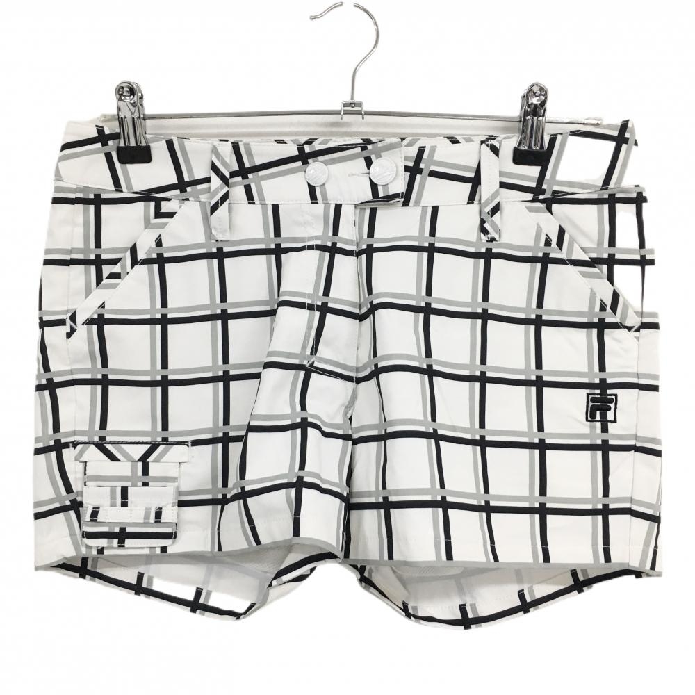 【美品】フィラゴルフ ショートパンツ 白×黒 チェック ワッペン 裏地メッシュ レディース L ゴルフウェア FILA GOLF