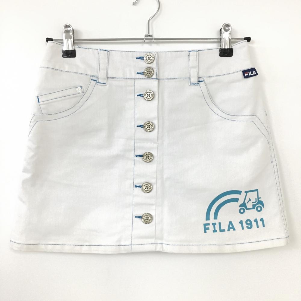 FILA GOLF フィラゴルフ スカート 白×ライトブルー 前ボタン 内側インナーパンツ ストレッチ レディース S ゴルフウェア