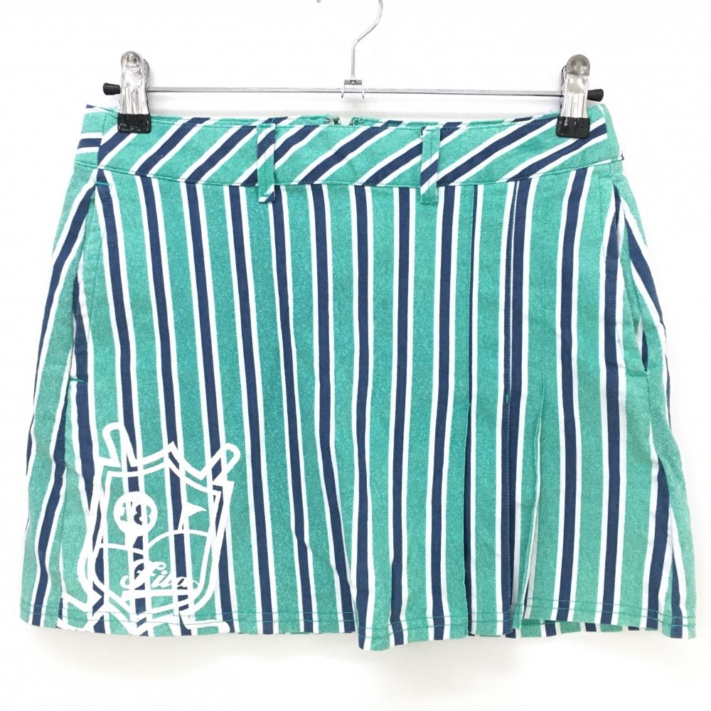 【美品】フィラゴルフ ストレッチスカート グリーン×ネイビー ストライプ 一部プリーツ プリント  レディース M ゴルフウェア FILA GOLF
