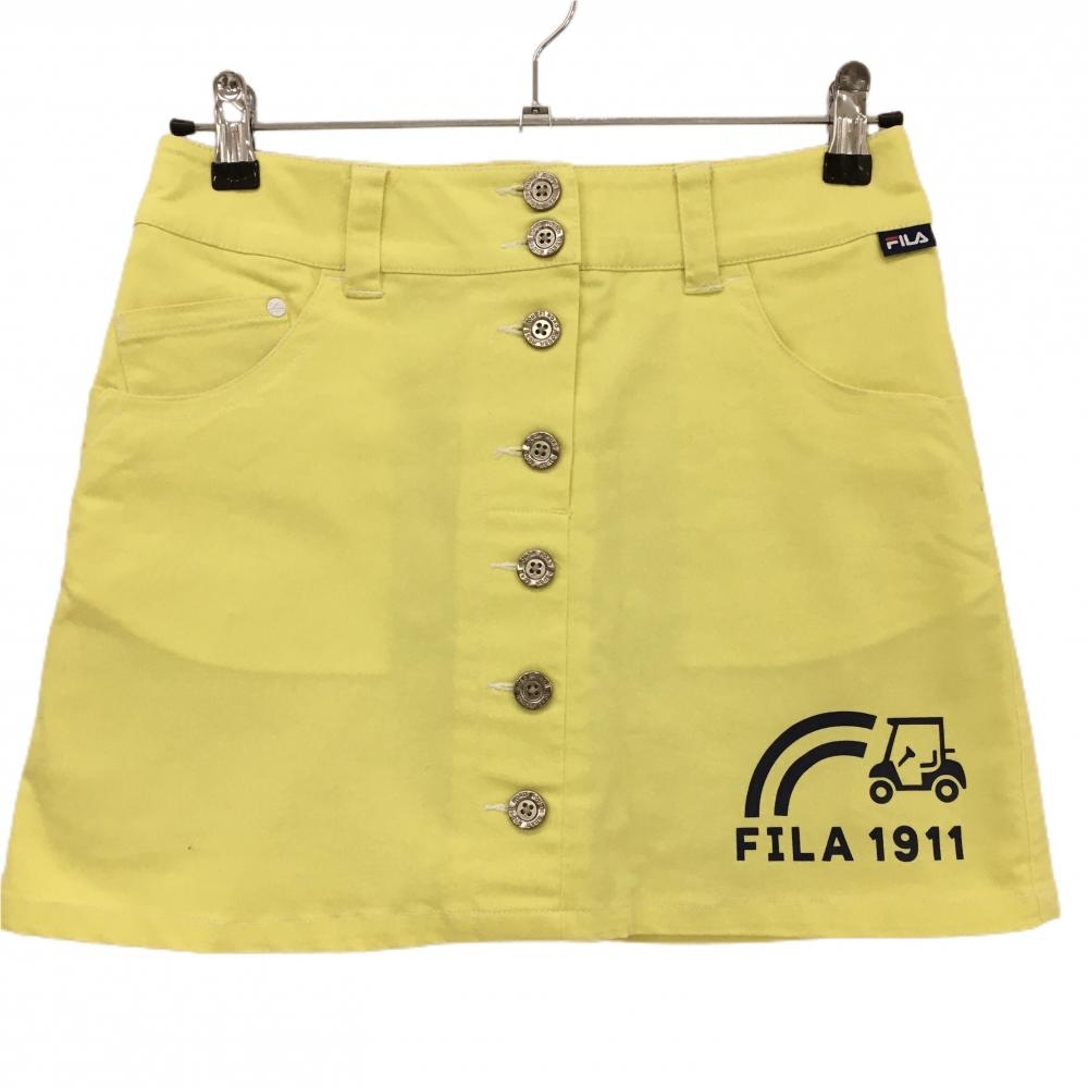 フィラゴルフ スカート イエロー×ネイビー フロントボタン ストレッチ 内側インナーパンツ レディース M ゴルフウェア FILA GOLF