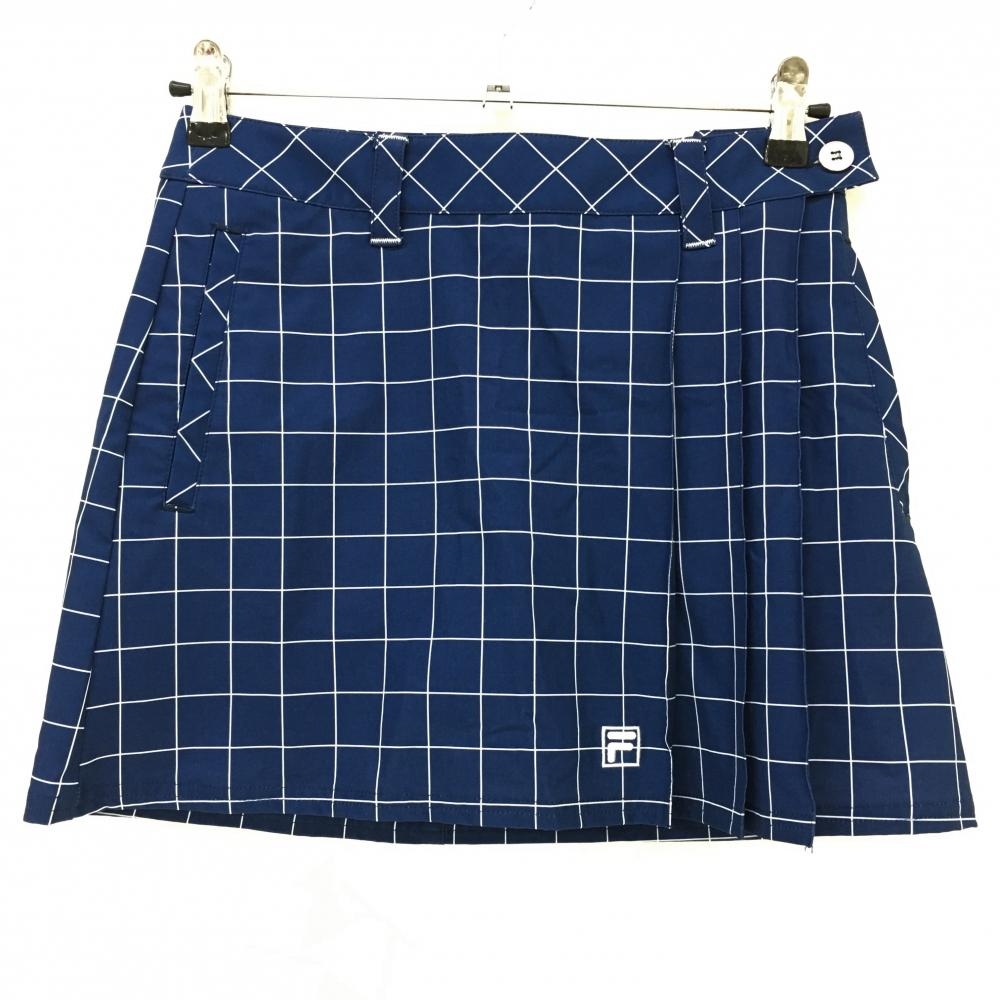 【超美品】フィラゴルフ スカート ネイビー×白 格子チェック 内側インナーパンツ レディース S ゴルフウェア FILA GOLF