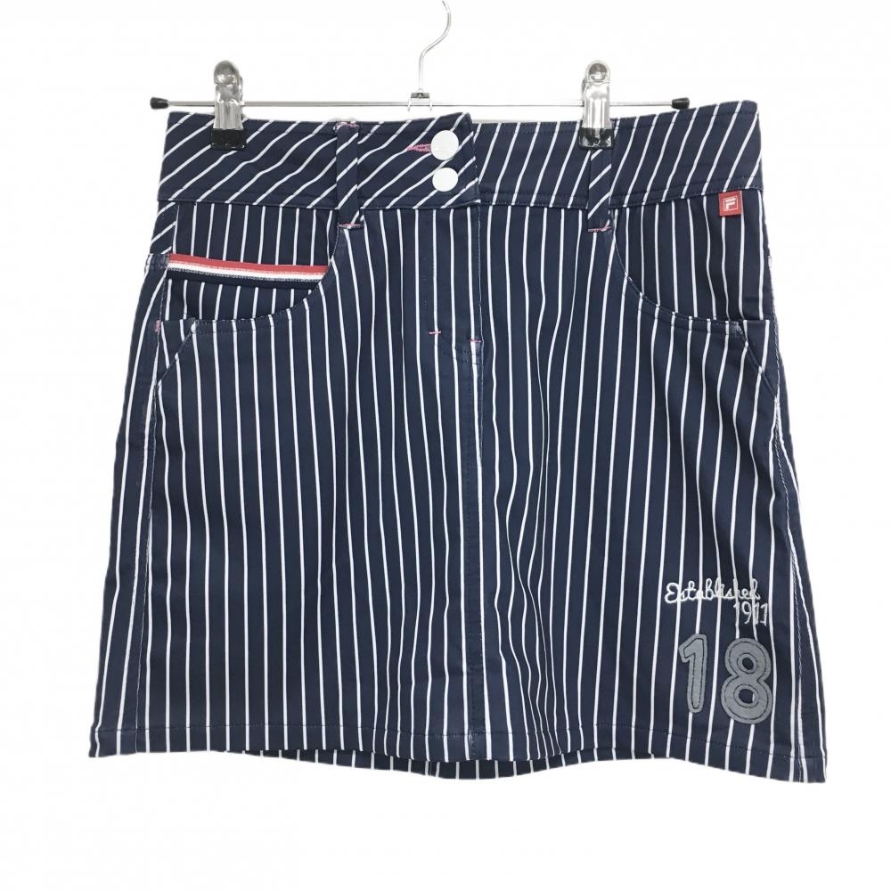【美品】フィラゴルフ スカート ネイビー×白 ストライプ ロゴグレー  レディース M ゴルフウェア FILA GOLF