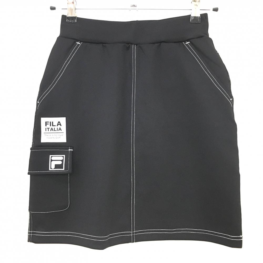【超美品】フィラゴルフ スカート 黒 白ステッチ 5ポケット ストレッチ ウエストゴム レディース S ゴルフウェア FILA GOLF
