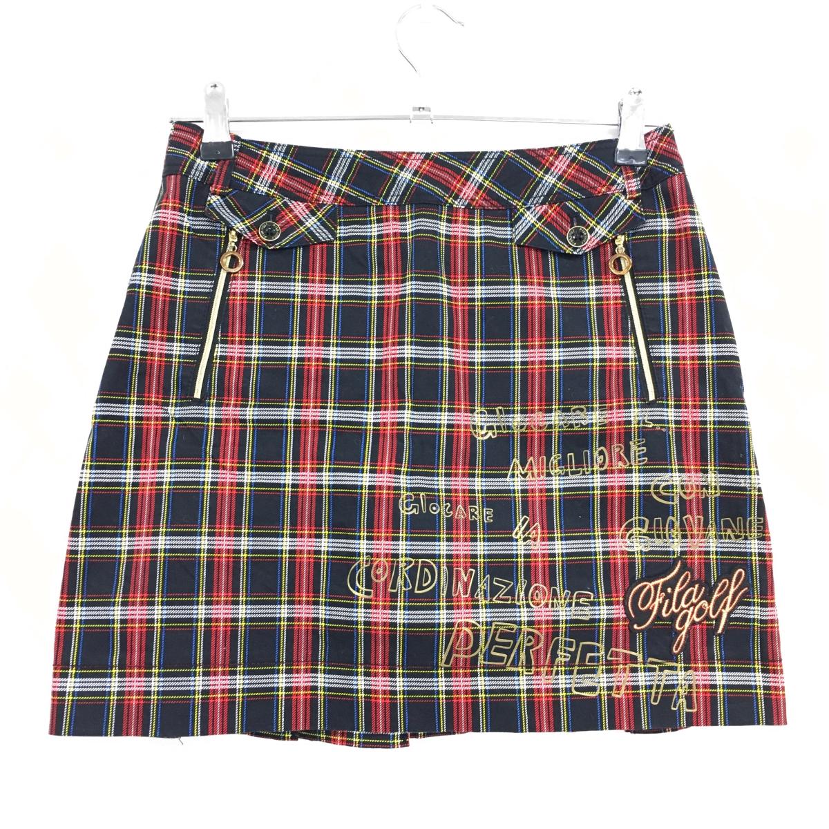【超美品】フィラゴルフ スカート 黒×レッド チェック フロントプリント 内側インナーパンツ レディース 67 ゴルフウェア FILA GOLF