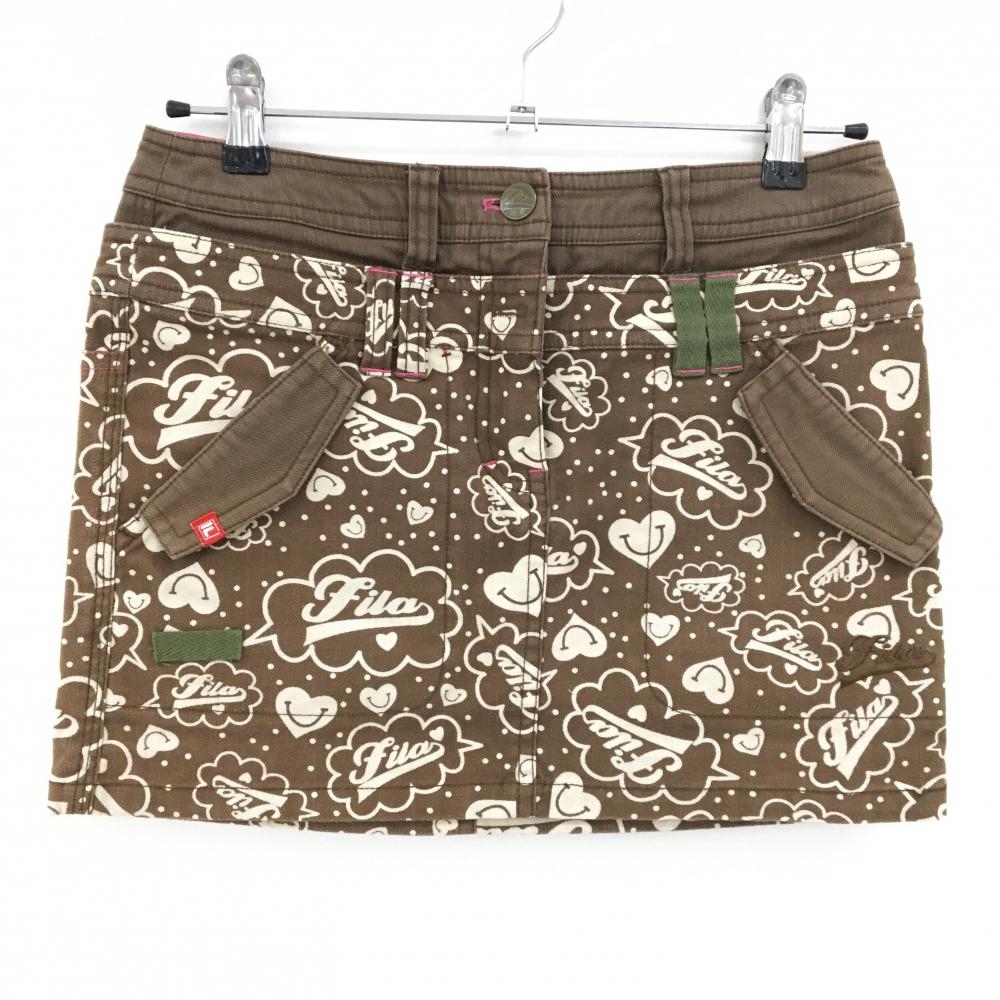 フィラゴルフ スカート ブラウン×ライトベージュ ロゴ総柄 ハートポケット ティー装着可 レディース M ゴルフウェア FILA GOLF