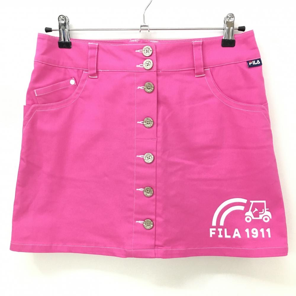 【美品】フィラゴルフ スカート ピンク 白ステッチ ストレッチ ロゴプリント 内側インナーパンツ  レディース L ゴルフウェア FILA GOLF