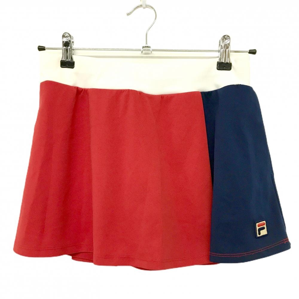 【美品】フィラ スカート レッド×ネイビー ウエストゴム 裾ロゴ レディース L ゴルフウェア FILA GOLF