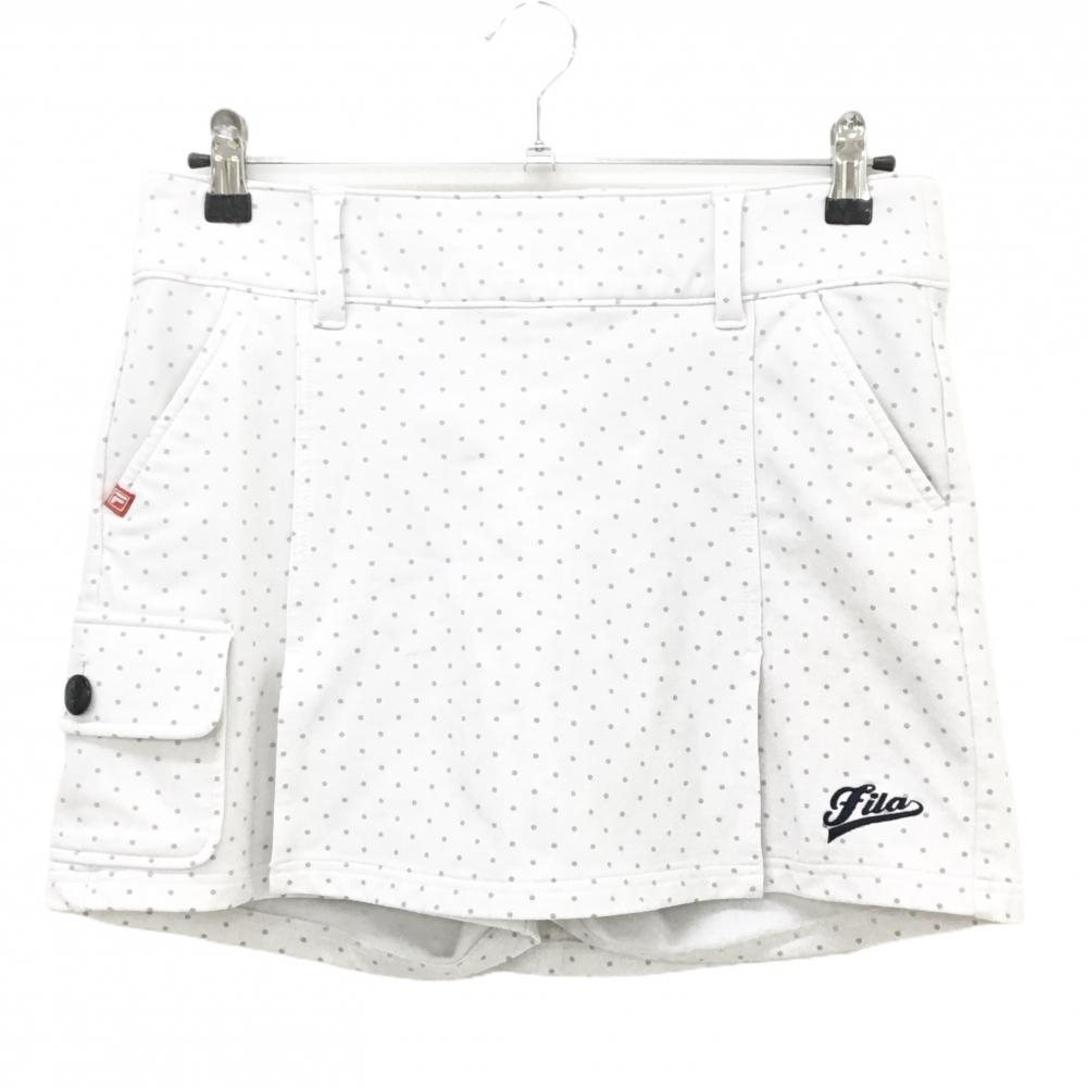 【美品】フィラゴルフ スカート 白×グレー ドット柄 ロゴ刺しゅう 裏起毛 内側パンツ レディース L ゴルフウェア FILA GOLF