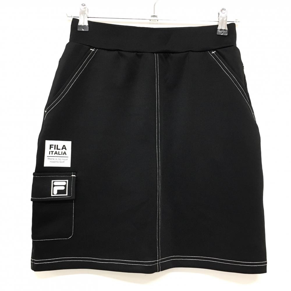 【超美品】フィラゴルフ スカート 黒×白 ロゴプリント ステッチ ウエストゴム 調節紐 ストレッチ レディース M ゴルフウェア FILA GOLF