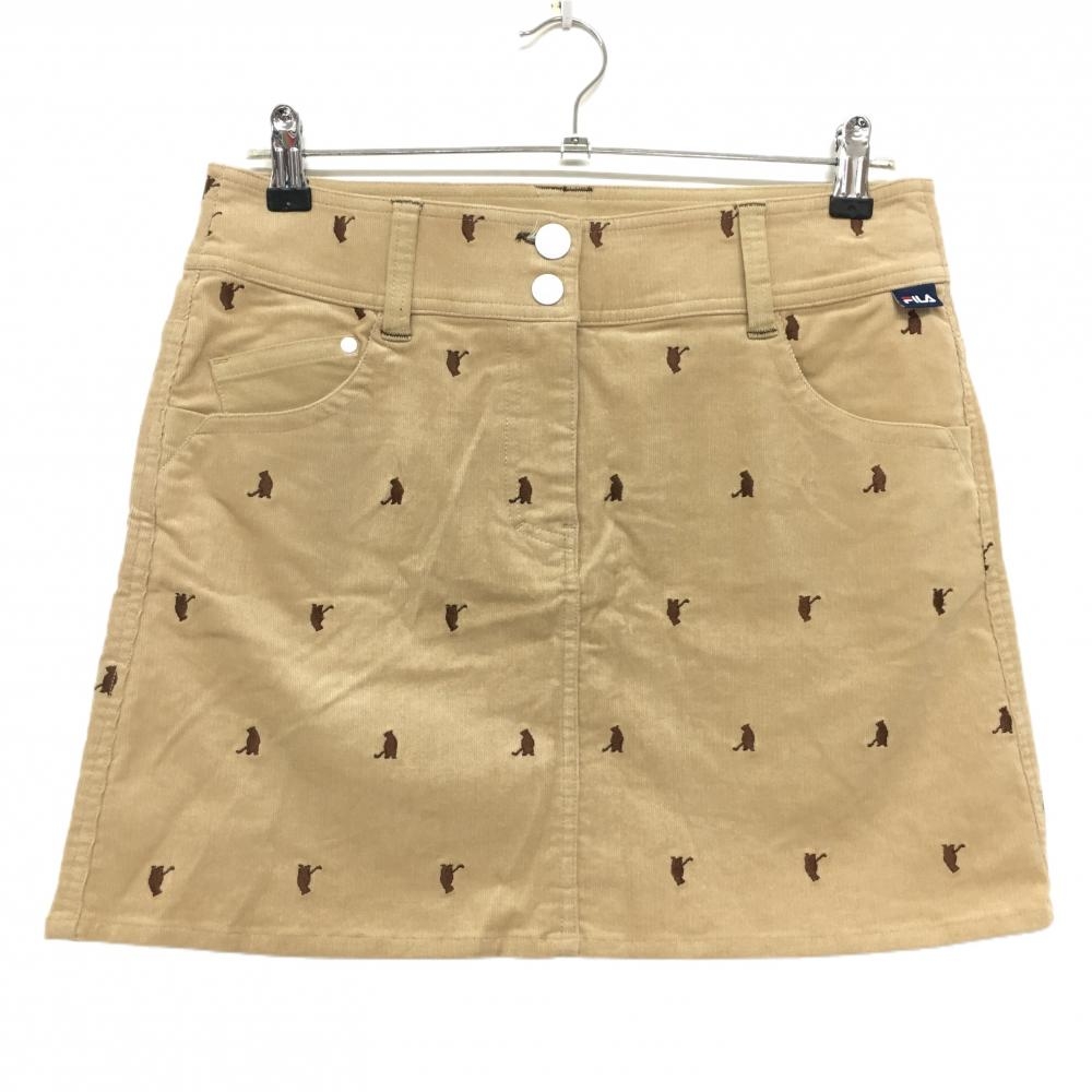 【超美品】フィラゴルフ コーデュロイスカート ベージュ×ブラウン クマ総柄 インナーパンツ付き レディース L ゴルフウェア FILA GOLF