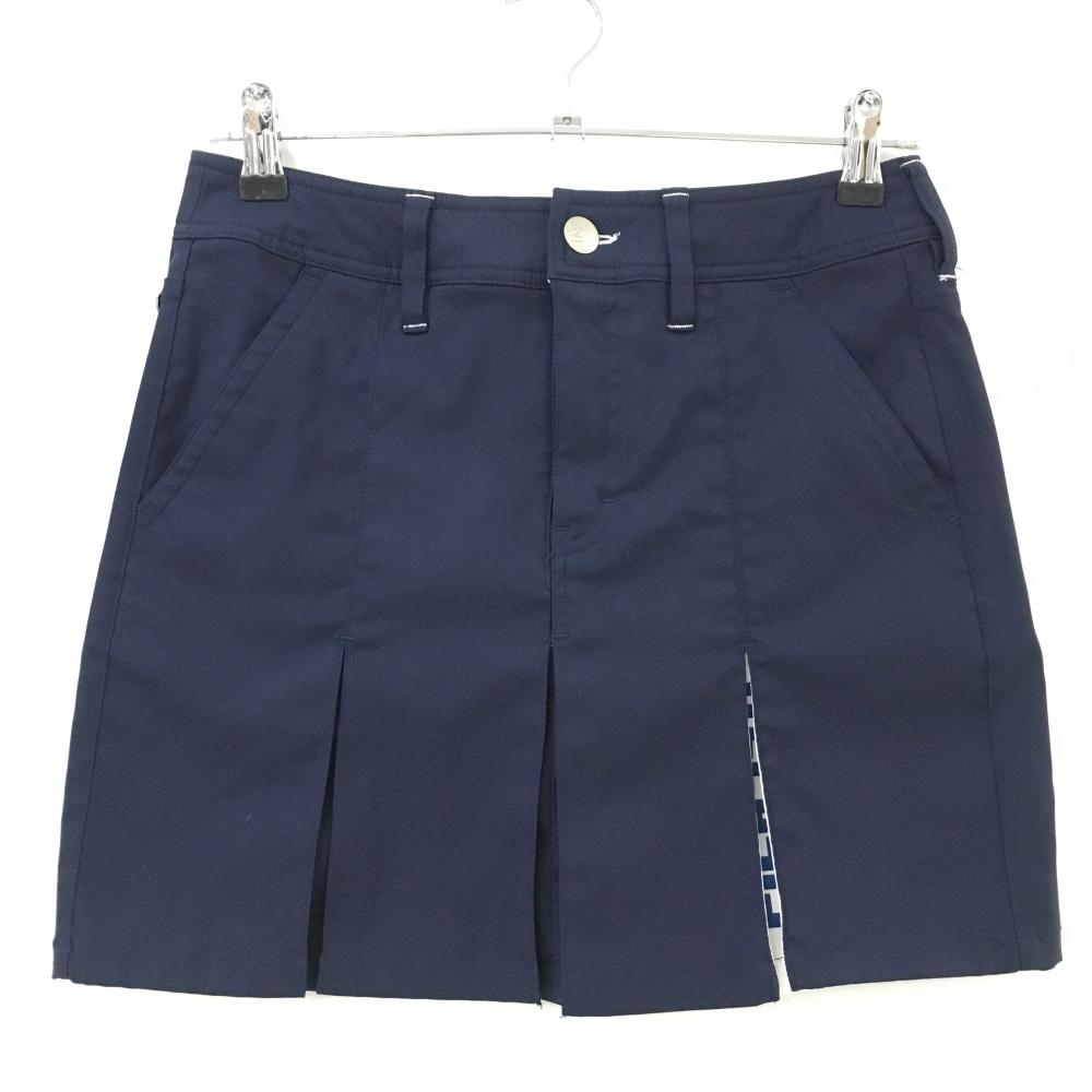 【超美品】フィラゴルフ スカート ネイビー×白 裾ボックスプリーツ バックロゴ刺しゅう ストレッチ レディース M ゴルフウェア FILA GOLF