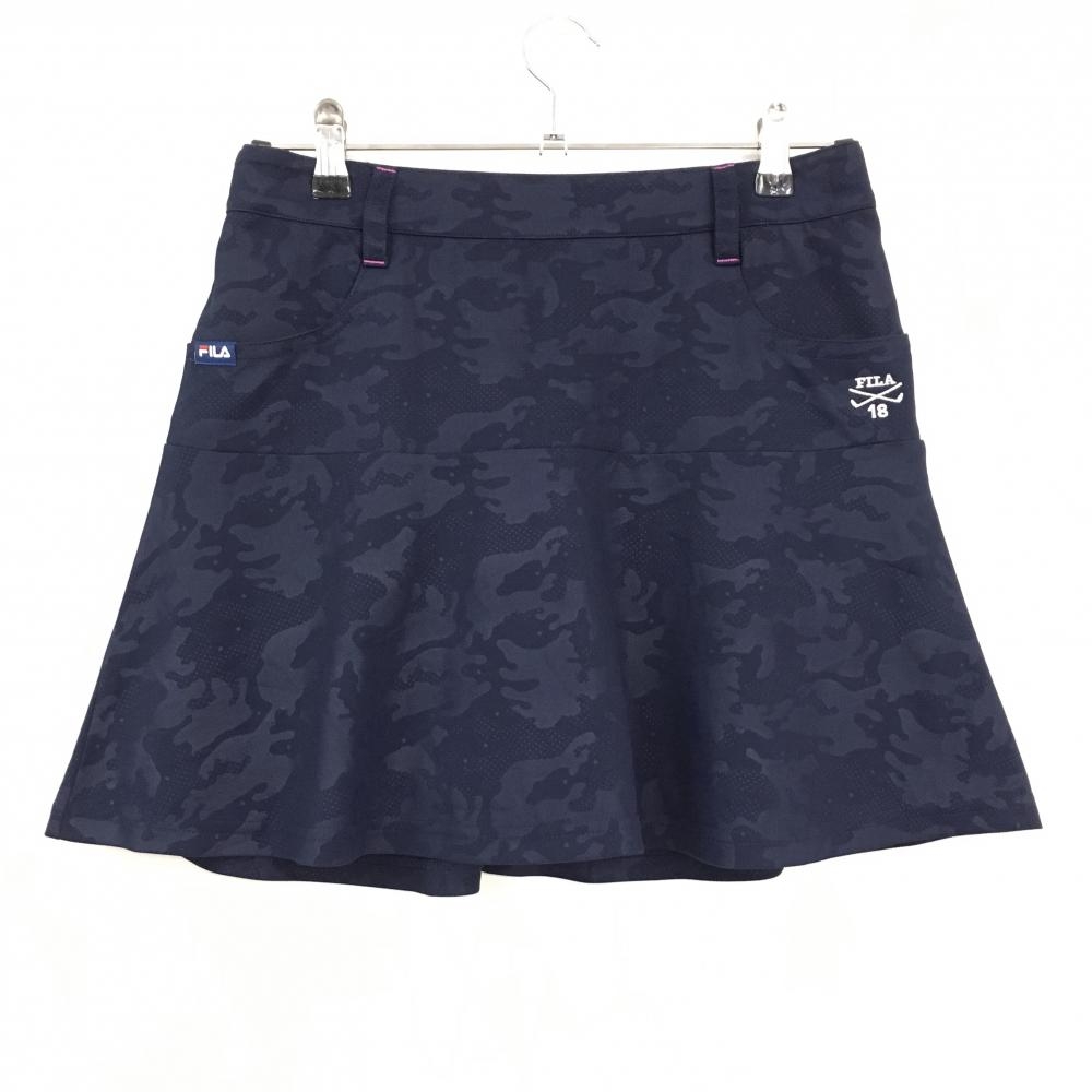 【超美品】フィラゴルフ スカート ネイビー系 カモフラ 迷彩 内側インナーパンツ レディース M ゴルフウェア FILA GOLF