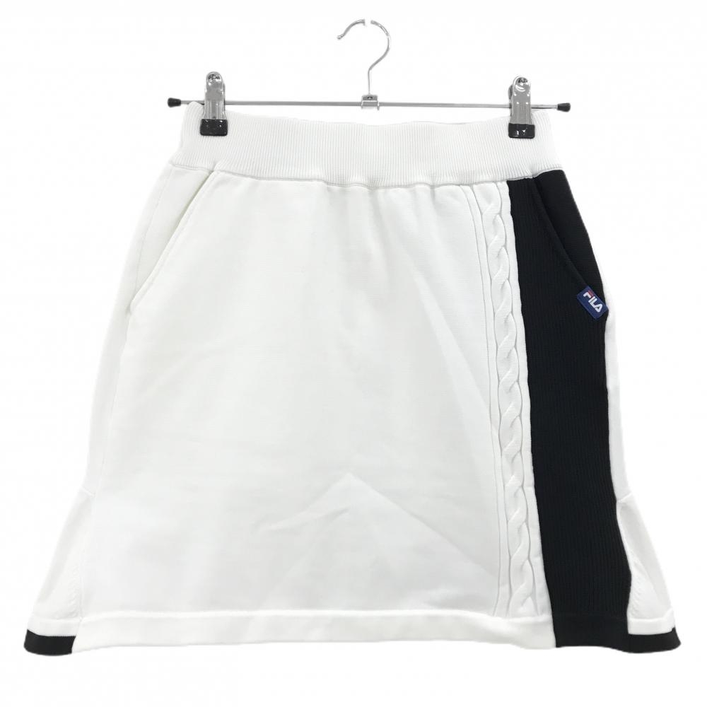 【超美品】フィラゴルフ ニットスカート 白×黒 ウエストゴム・調整紐 後ろ裾ロゴ レディース M ゴルフウェア FILA GOLF