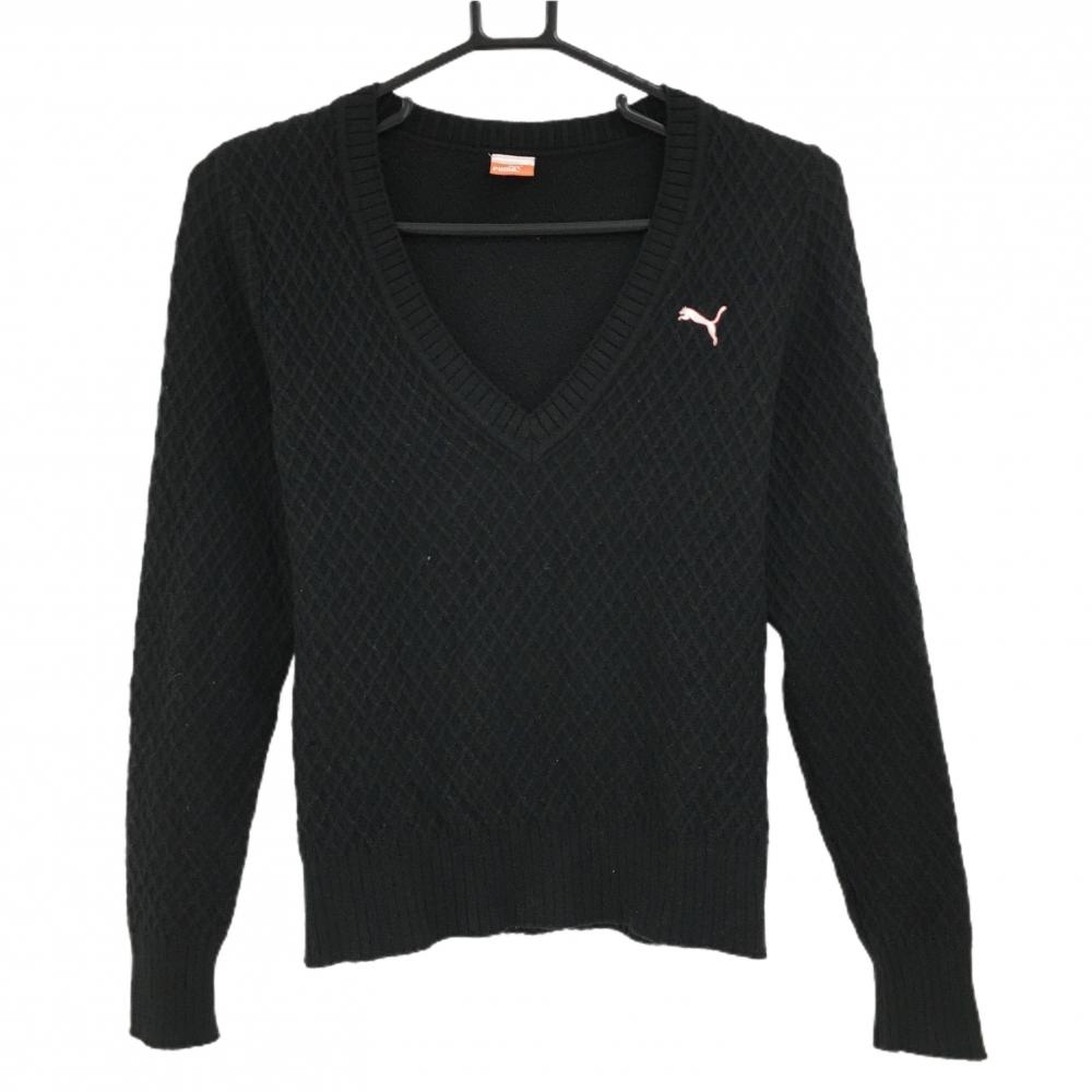【美品】プーマ セーター 黒 ダイヤ編み Vネック ウール混 ニット レディース S ゴルフウェア PUMA