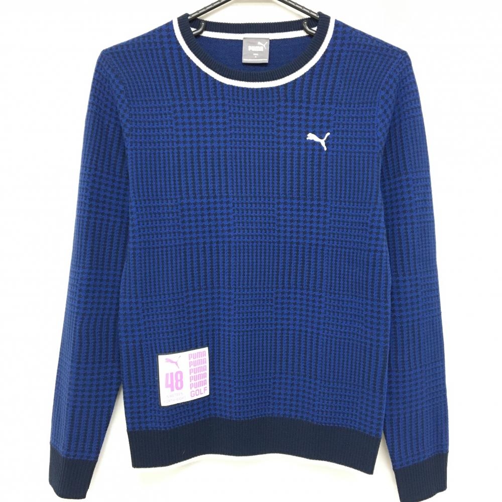 【超美品】プーマ セーター ブルー×ネイビー グレンチェック ウール混 ニット レディース M ゴルフウェア PUMA