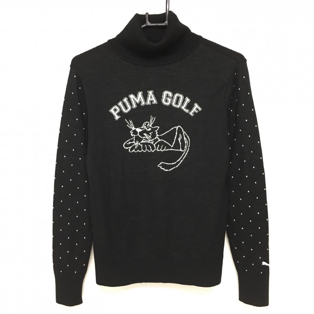 プーマ タートルネックセーター 黒×白 袖ドット柄 タイガー ウール混  レディース M ゴルフウェア PUMA