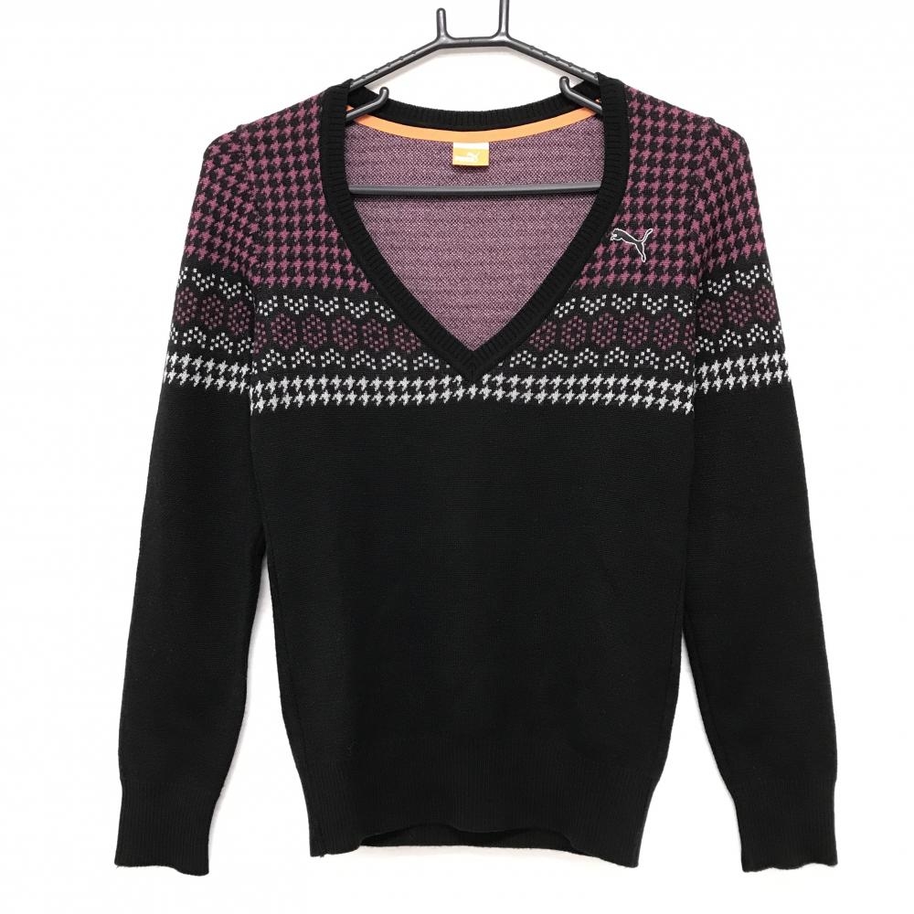 プーマ セーター 黒×ピンク 上部千鳥格子 Vネック ウール混 ニット  レディース S ゴルフウェア PUMA