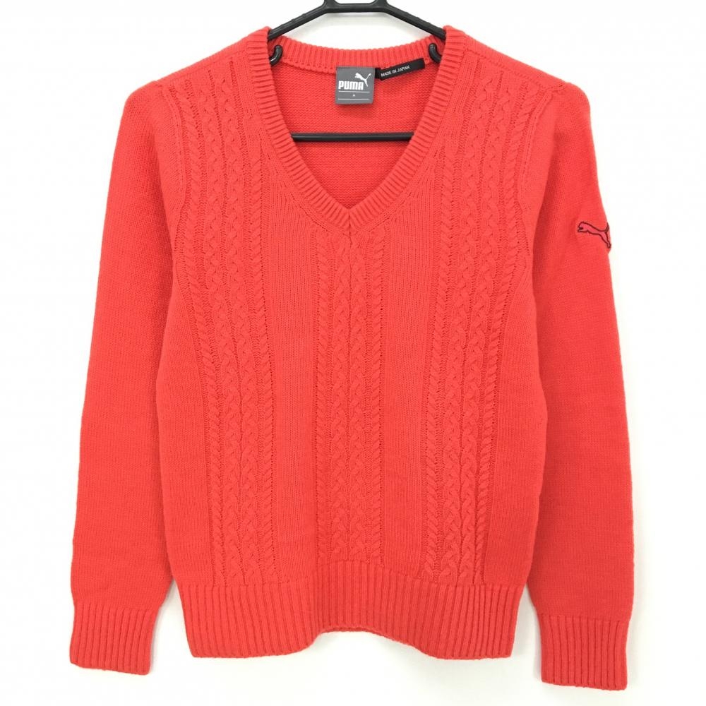 【美品】プーマ セーター レッドオレンジ 前面ケーブル編み ウール混 ニット レディース M ゴルフウェア PUMA