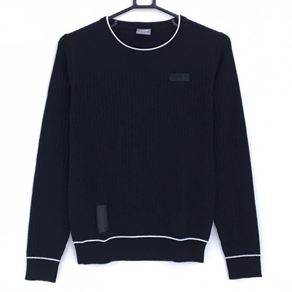 【美品】プーマ セーター 黒×白 リブ編み 胸元ロゴ ニット ウール混 レディース L ゴルフウェア PUMA